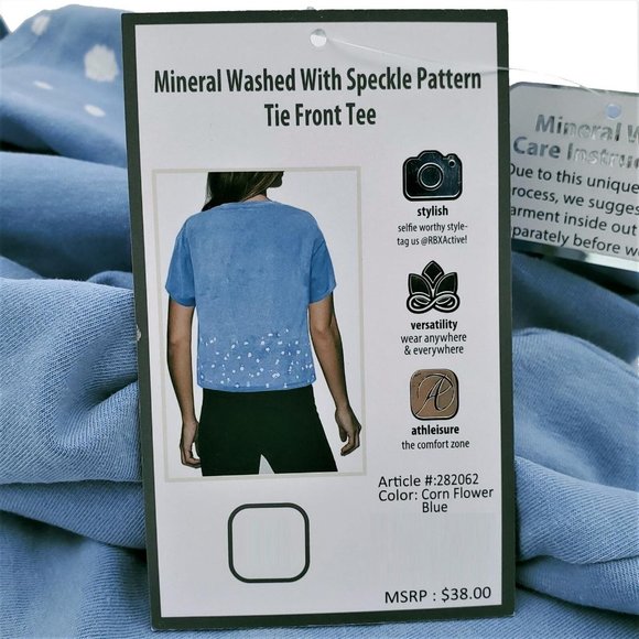 RBX Mineral Washed w/ Speckle Pattern Tie Front T-Shirt Corn Flower Blue Large - Picture 4 of 4